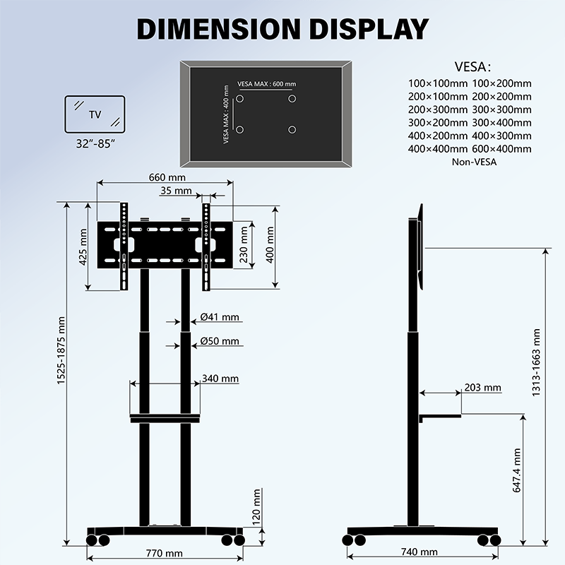 DQ Wall-Support Cato negro Móvil – Soporte Tv de pie