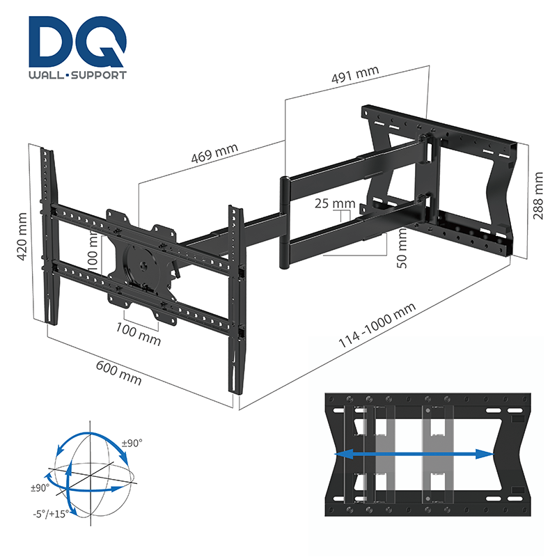 DQ Wall-Support Hercules 2.0 100 cm Flex VESA 600 - Soporte TV de pared Negro