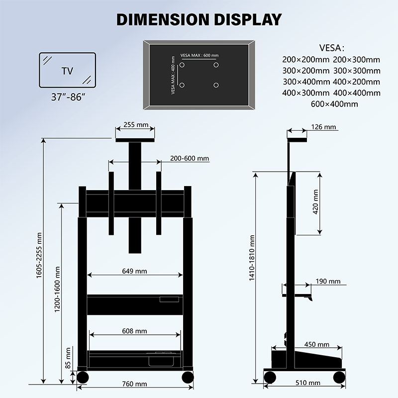 DQ Wall-Support Zelos black Mobile – Elektrischer Stand-TV-Ständer