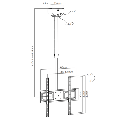 XTRARM Avis 56.5 - 93.5 cm - Soporte TV de techo Negro