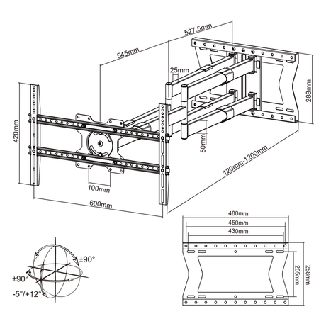 XTRARM Cratos 120 cm doble Rotate VESA 600 TV - Soporte TV de pared Negro